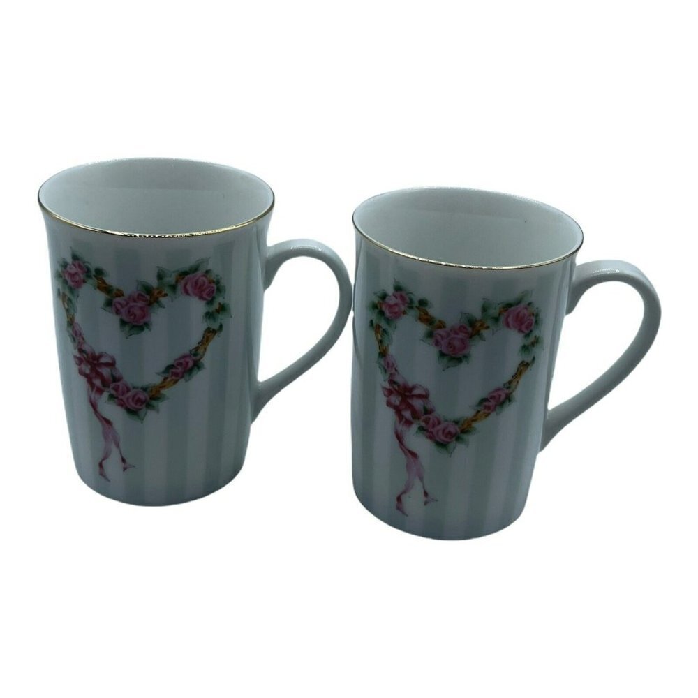 Set Of 2 OTAGIRI MUGS Ceramic Cups Happiness Heart Floral HEARTPRINT INC Japan